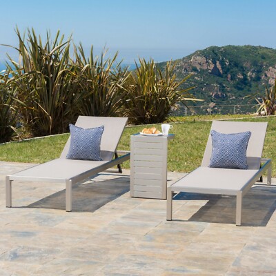 Allen Modern Outdoor 3-Piece Gray Mesh Chaise Lounge Set with C-Shape End Table-image