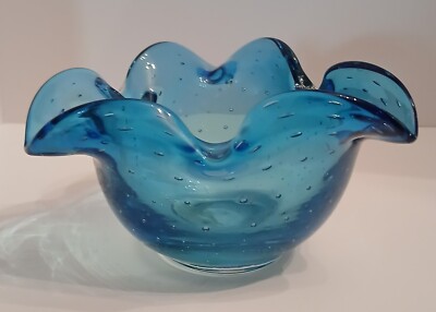 Vintage Bullicante Controlled Bubbles Blue Glass Bowl Studio Crafted By Murano-image
