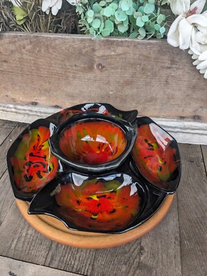 Vintage 1970s California Originals Black/Orange Groovy Chip & Dip Serving Set-image