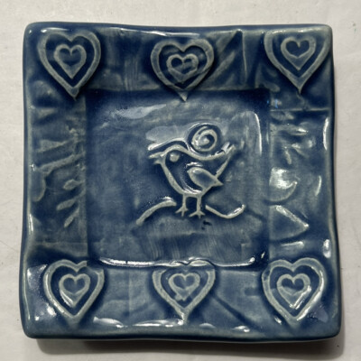 Lorraine Oerth Studio Pottery Mini Trinket Ring Dish Blue Bird Hearts - 2.5” Sq.-image