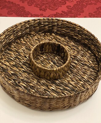 Brown Woven Wicker Weave Chip and Dip Basket Serving Tray with Fabric Cover 14”-image