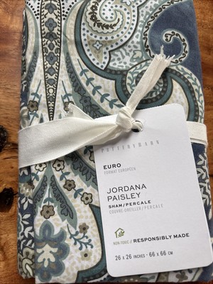 POTTERY BARN JORDANA PAISLEY PERCALE SHAM ORGANIC COTTON ~ EURO ~ BLUE-image