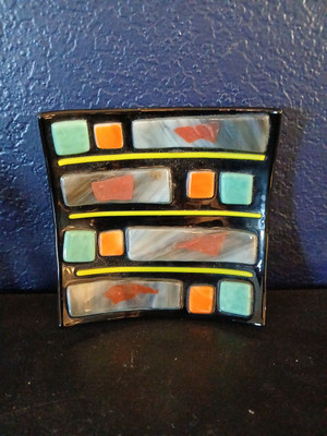 Colorful Fused Studio Art Glass Square Platter Plate Tray 4.5