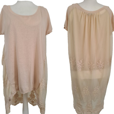 PHASE EIGHT tunic top size large short sleeve nude lace mesh back dip hem-image