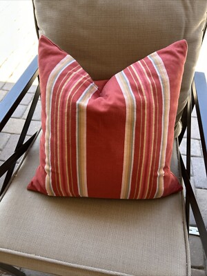 Pottery Barn Pillow W  Down Insert Red Ivory Tan Aqua Stripe Farmhouse  18X18”-image