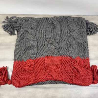 Pottery Barn Bluma Handknit Pillow Cover Charcoal Red Tassel 22”x22” NWOT OB-image