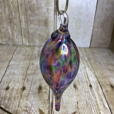 Teardrop Christmas Ornament Studio Art Blown Glass Pink Purple Blue Green 4”-image