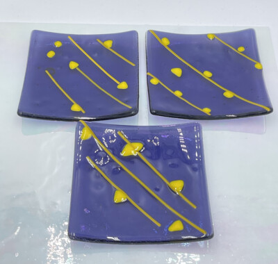 Set Of 3 Purple Yellow Square Studio Art Fused Glass Tiles 4”-image