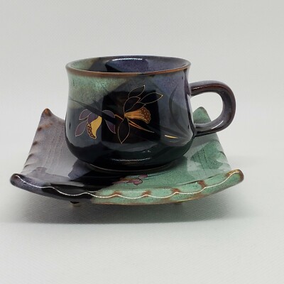 Artisan Studio Pottery Multicolored Luster Demitasse Cup & Square Saucer Signed-image