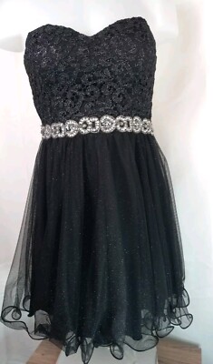 City Studio Women Junior Black Floral Lace Rhinestone Mini Dress Size 5-image