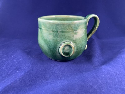 Art Pottery Mug Green Glazed Ceramic Dots Signed Rachel EUC-image