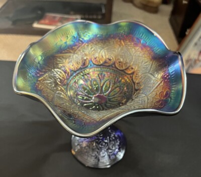 Stunning Northwood Hearts and Flowers Electric Blue Carnival Glass Compote-image