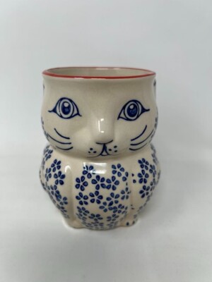 Yokohama Studios Cat-Shaped Ceramic Mug With Blue Floral Design & Red Handle-image