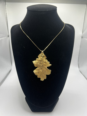Vintage 1990s 2pc Necklaces Large Dipped Skeleton Gold Leaf Pendant Nature Lacey-image