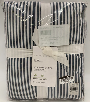Pottery Barn Wheaton Striped Percale Comforter Sham Navy Blue Euro #9871M-image