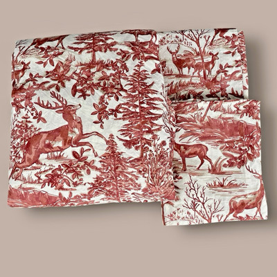 Pottery Barn Alpine Toile King Duvet Cover & 2 King Shams Stag Deer Forest Red-image