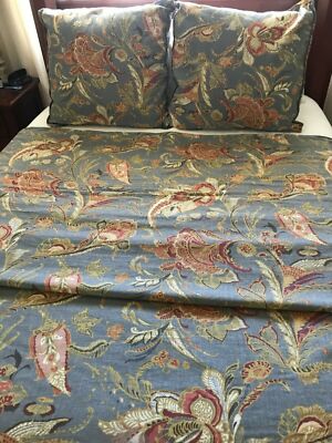 Pottery Barn Preston Palampore Duvet Cover Set Blue Gray Queen 2 Std Shams Rare-image