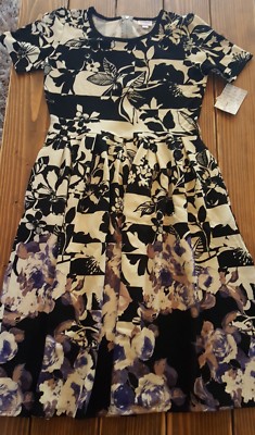 New Lularoe Amelia Dress Large Black Cream Floral Dipped Purple Roses Stripes-image