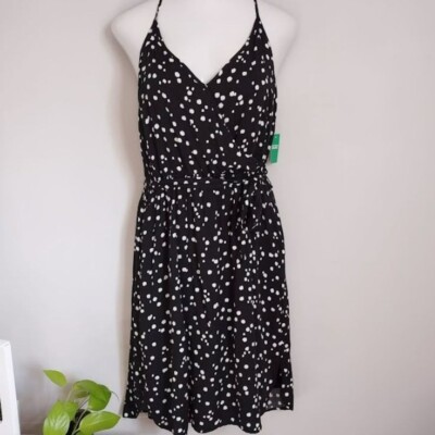 Dip Beach Days Women's L Strappy Faux Wrap Sundress Black w/White Splotches NWT-image