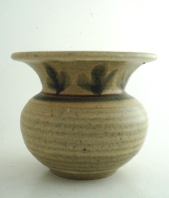 Vintage Hand Throw Clay Spitoon Shaped Vase in Beige Glaze Signed Smaltz '75-image