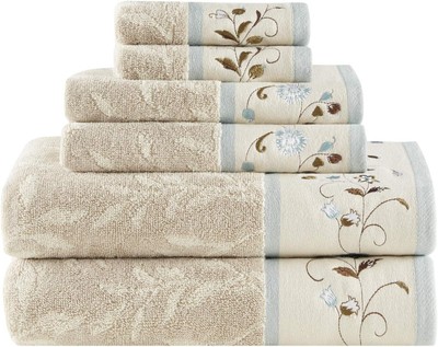 Madison Park Serene 100% Cotton Bath Towel Set Luxurious 4, Cream, Blue -image