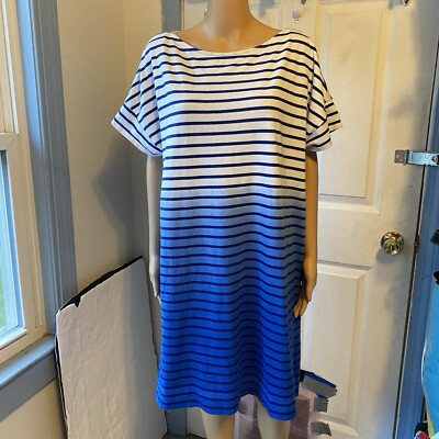 Vineyard Vines T Shirt Dress Lady XL White Blue Navy Ombré Dip Dye Strip Comfort-image