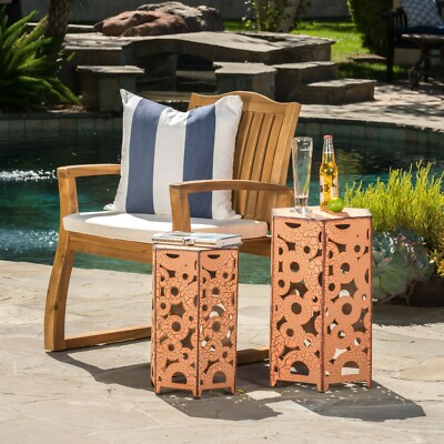 Contemporary Outdoor Hexagonal Antique Orange Iron Accent Tables (Set of 2)-image