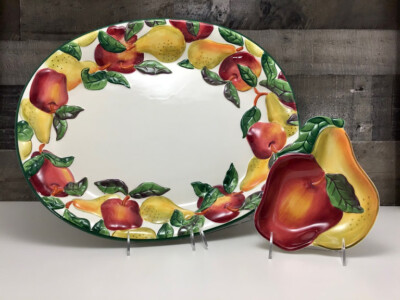Clay Art ~ 🍎Apples & Pears🍐 ~ Serving Platter & Dip Bowl Set ~ Mint Condition!-image