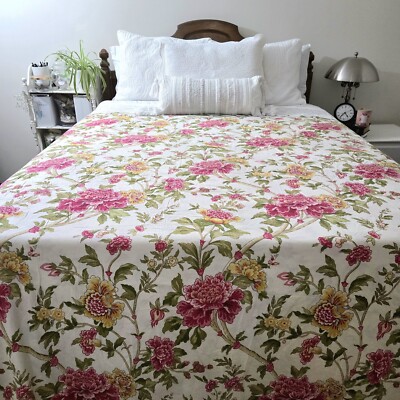 RARE Pottery Barn Duvet Jacobean Peony Floral Full / Queen Pink Yellow Cotton-image