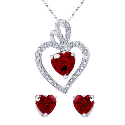 Sterling Silver Heart-Shaped Ruby Pendant & Earrings Set-image