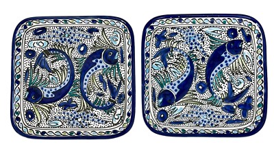 Le Souk Tunisia Handpainted  Blue & Green Fish Squared Platter Dishes. Set Of 2-image