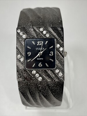 Studio Time Women's Gray Hinge Bangle Band Quartz Watch Rhinestones- New Battery-image