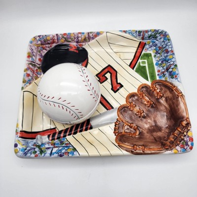 World Bazaars Baseball Theme Chips & Dip Platter Ceramic Sports Theme 14x12-image