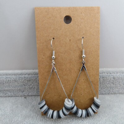 Pemby Studio Gray Black Teardrop Hoop Earrings Soft Clay Beads Silver Tone 2.5