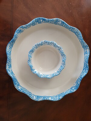 Chip & Dip Set Large Blue Speckled Bowl & Smaller Bowl for Dip-Excellent-image