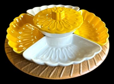 Vintage California Pottery Large Yellow & White Chip & Dip 7pc Set Lazy Susan-image