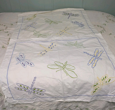 Pair Of Vintage Pottery Barn Embroidered Dragonfly Pillow Shams.-image