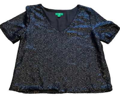 Dip Sz L Black Sequins V-neck lined Top Blouse Women's-image