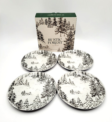 Pottery Barn Rustic Forest DINNER Plates Set of 4 Christmas NEW-image