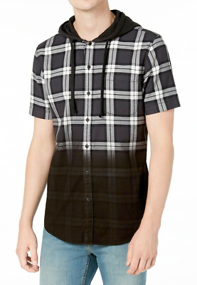 New American Rag Men's Camden Dip-Dye dARK Dark Lead Hooded Button Down Shirt L-image