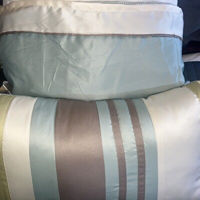 Madison Park Bedskirt And Throw Pillow Sateen Teal Taupe Cream King Designer-image