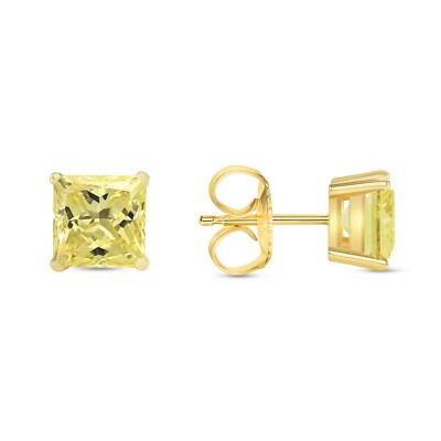 4.5 Ct Princess Canary Earrings Studs Solid 14K Yellow Gold Push Back Basket-image