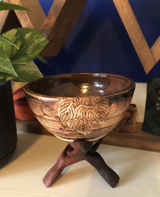 Signed Studio Mandala and Leaf Bowl Handmade InterlockIng Wood Stand From Kenya-image