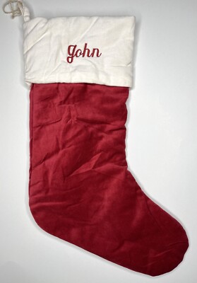 POTTERY BARN CLASSIC VELVET CHRISTMAS STOCKING JOHN RED IVORY NEW MEDIUM CURSIVE-image