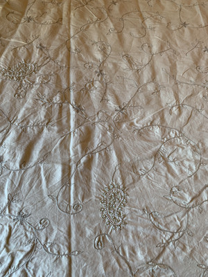 pottery barn Green -ish Crewl Embroidered Linen Blend King Duvet Cover Vintage-image