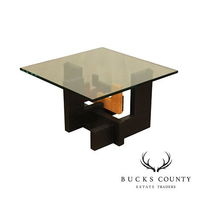 Jeffrey Greene Studio Crafted Mixed Woods Square Glass Top Coffee Table-image