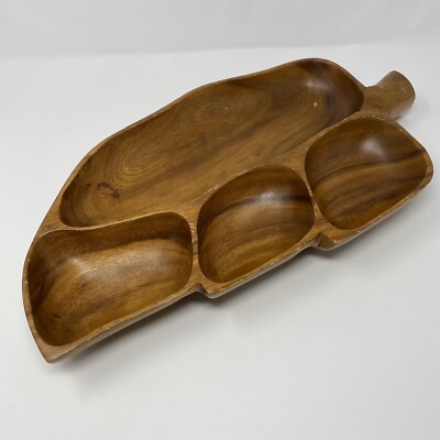 Vintage Monkey Pod Large Leaf Chip & Dip ~ 4 Sections ~ 17.5