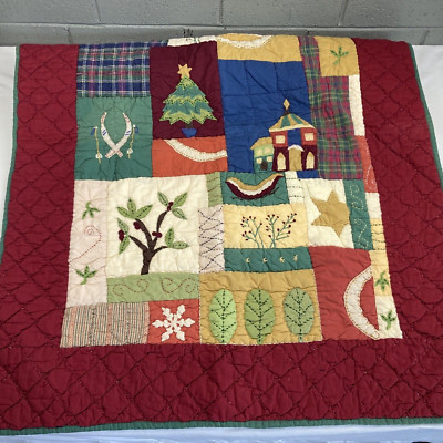 Vintage 1998 Pottery Barn Kids Christmas Patchwork Heirloom Baby Cotton Blanket-image