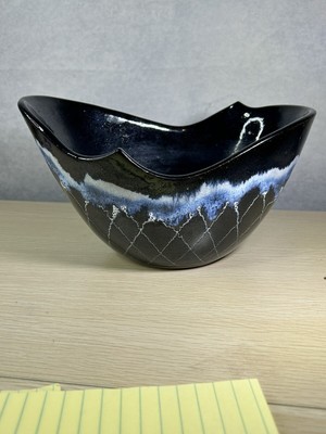 Studio Art Pottery Blue Glaze With Geometric Pattern Abstract Shaped Bowl  9”x6”-image