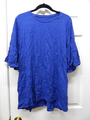 Studio Denim Co Round Neck Elbow Bell Sleeve Hi-Low Hem Top-Blue-XL-A304768-PO-image